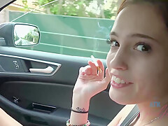 Petite teen brunette, Brooke Haze likes to rub her pussy in the car and pee a bit